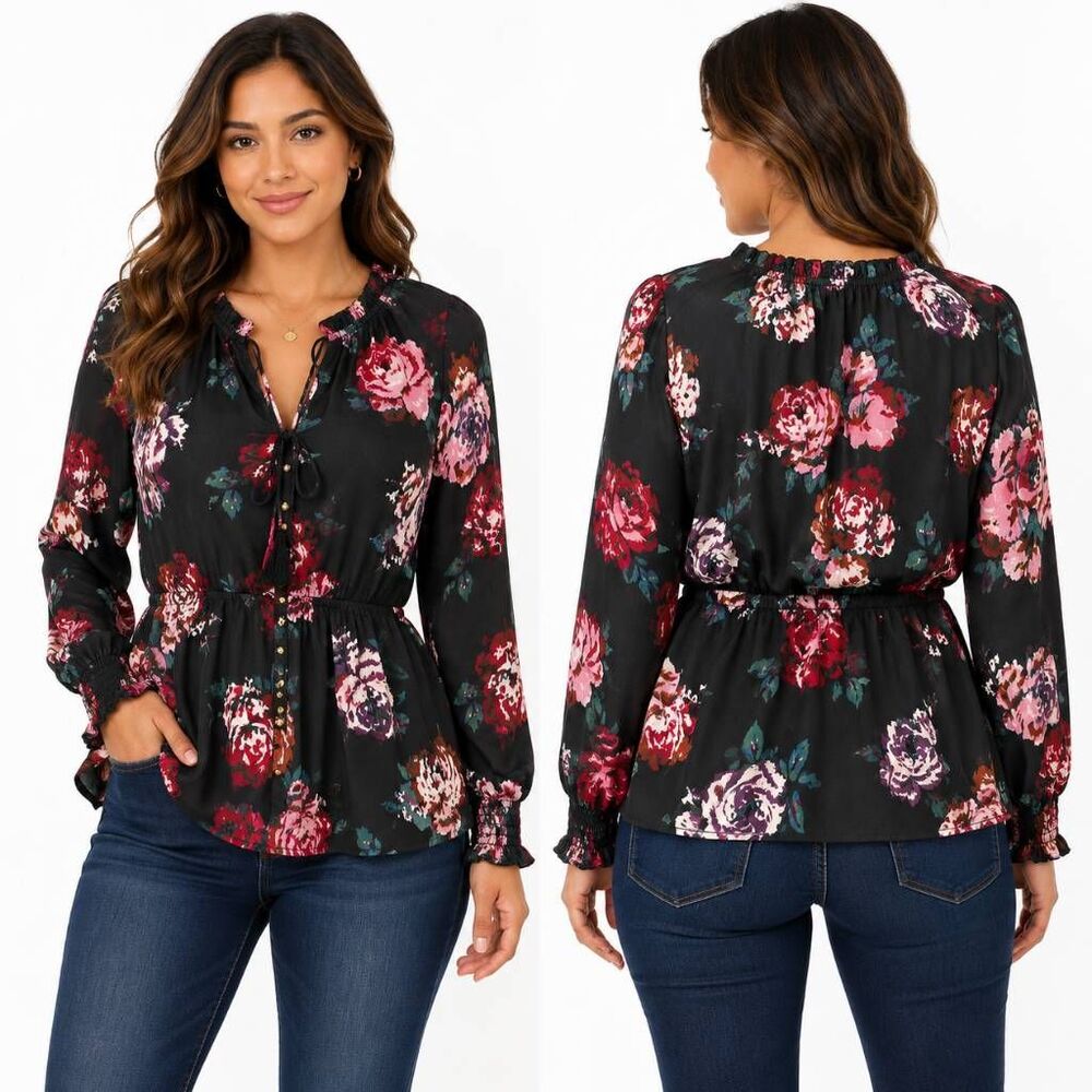 Maurices Rose Floral Peplum Blouse Medium Black - Picture 1 of 9